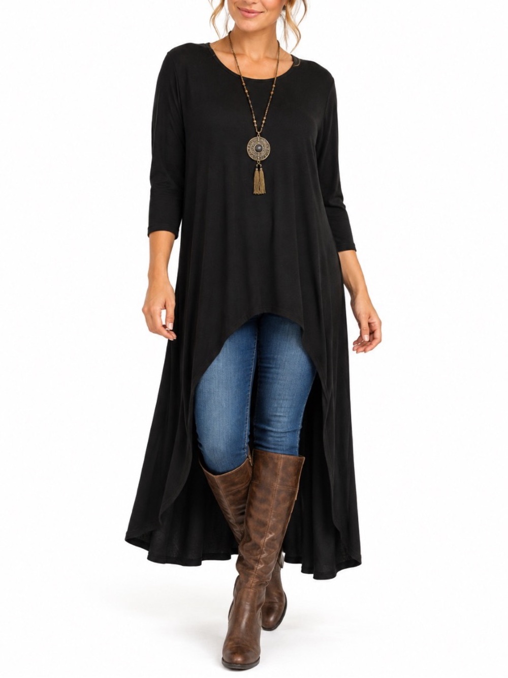 L&B Lucky & Blessed black scoop neck high low tunic top